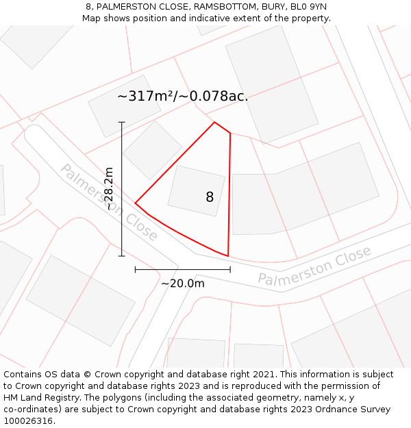8, PALMERSTON CLOSE, RAMSBOTTOM, BURY, BL0 9YN: Plot and title map