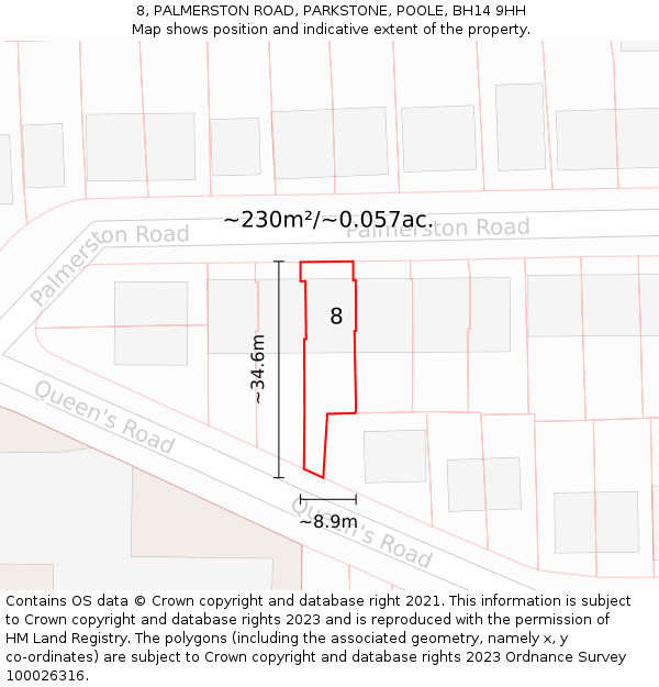 8, PALMERSTON ROAD, PARKSTONE, POOLE, BH14 9HH: Plot and title map