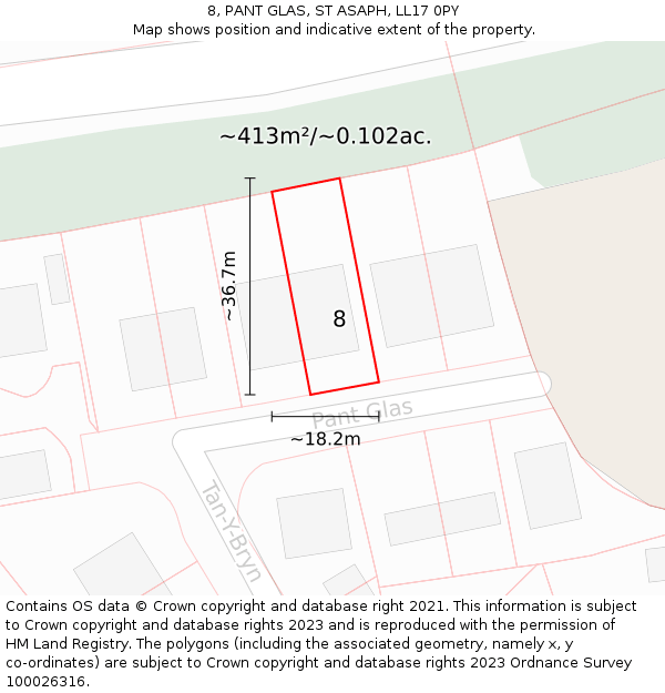 8, PANT GLAS, ST ASAPH, LL17 0PY: Plot and title map