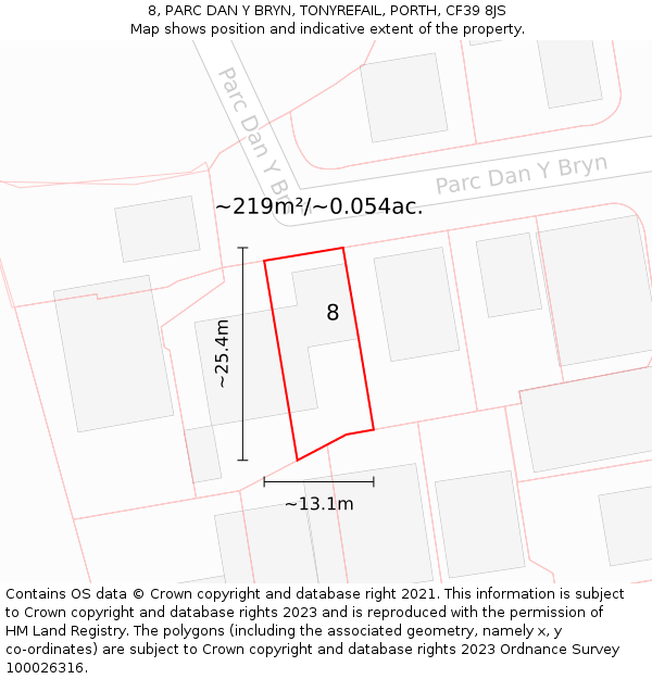 8, PARC DAN Y BRYN, TONYREFAIL, PORTH, CF39 8JS: Plot and title map