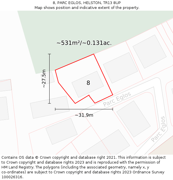 8, PARC EGLOS, HELSTON, TR13 8UP: Plot and title map