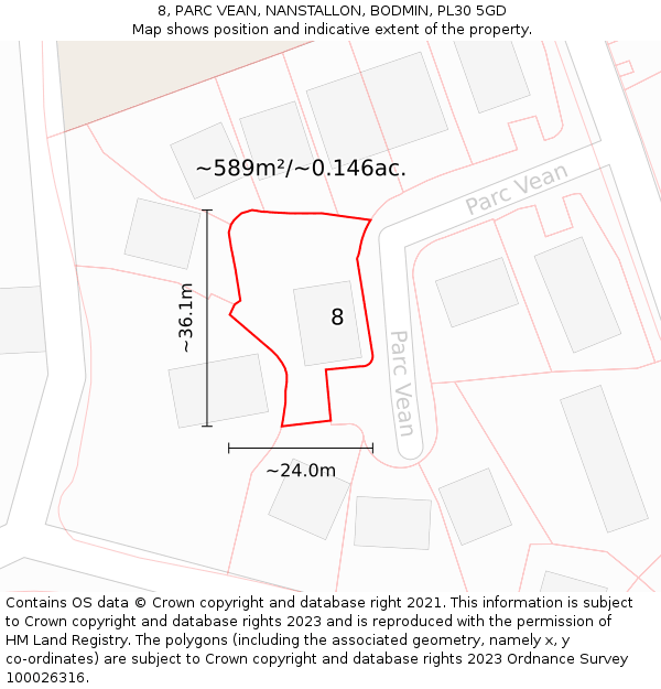 8, PARC VEAN, NANSTALLON, BODMIN, PL30 5GD: Plot and title map