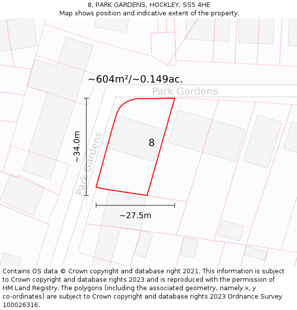 8, PARK GARDENS, HOCKLEY, SS5 4HE: Plot and title map