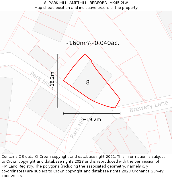 8, PARK HILL, AMPTHILL, BEDFORD, MK45 2LW: Plot and title map