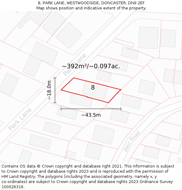 8, PARK LANE, WESTWOODSIDE, DONCASTER, DN9 2EF: Plot and title map