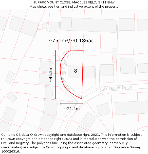 8, PARK MOUNT CLOSE, MACCLESFIELD, SK11 8NW: Plot and title map
