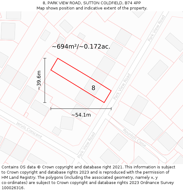 8, PARK VIEW ROAD, SUTTON COLDFIELD, B74 4PP: Plot and title map