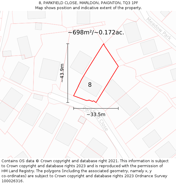 8, PARKFIELD CLOSE, MARLDON, PAIGNTON, TQ3 1PF: Plot and title map