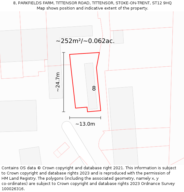 8, PARKFIELDS FARM, TITTENSOR ROAD, TITTENSOR, STOKE-ON-TRENT, ST12 9HQ: Plot and title map