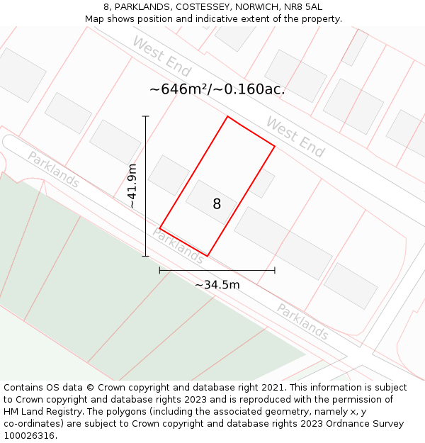 8, PARKLANDS, COSTESSEY, NORWICH, NR8 5AL: Plot and title map