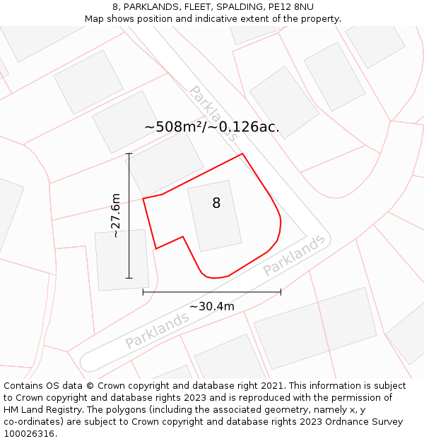 8, PARKLANDS, FLEET, SPALDING, PE12 8NU: Plot and title map