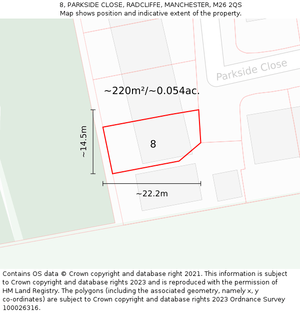 8, PARKSIDE CLOSE, RADCLIFFE, MANCHESTER, M26 2QS: Plot and title map