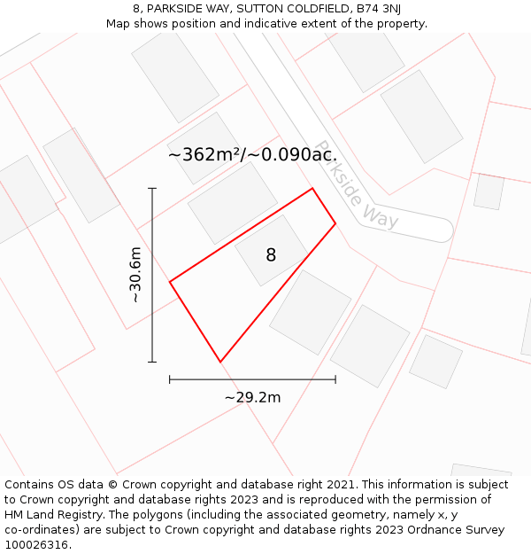 8, PARKSIDE WAY, SUTTON COLDFIELD, B74 3NJ: Plot and title map