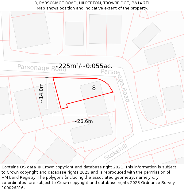 8, PARSONAGE ROAD, HILPERTON, TROWBRIDGE, BA14 7TL: Plot and title map