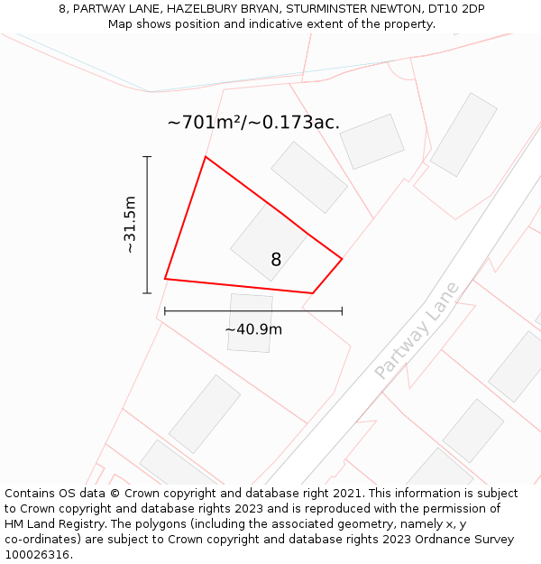 8, PARTWAY LANE, HAZELBURY BRYAN, STURMINSTER NEWTON, DT10 2DP: Plot and title map