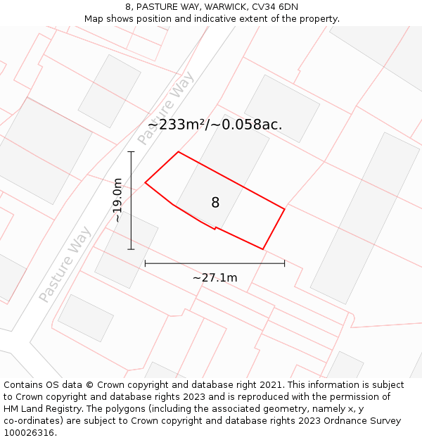 8, PASTURE WAY, WARWICK, CV34 6DN: Plot and title map
