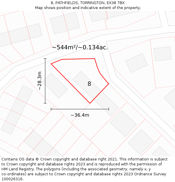 8, PATHFIELDS, TORRINGTON, EX38 7BX: Plot and title map