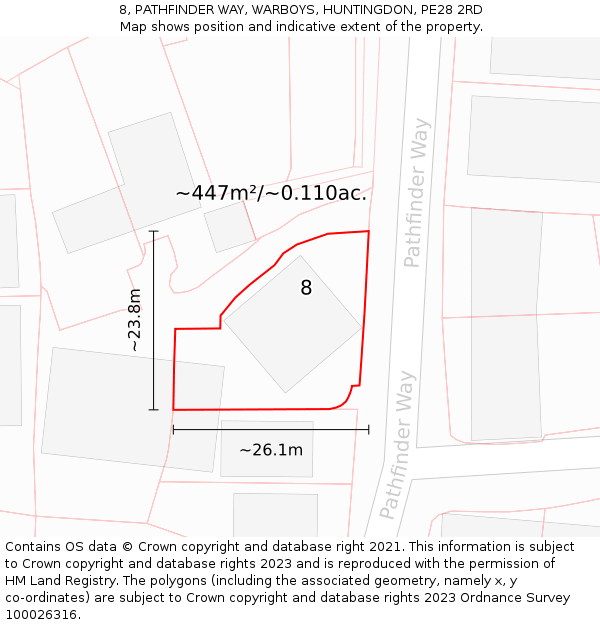 8, PATHFINDER WAY, WARBOYS, HUNTINGDON, PE28 2RD: Plot and title map