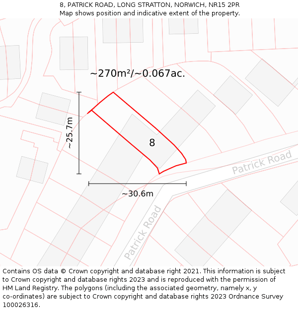 8, PATRICK ROAD, LONG STRATTON, NORWICH, NR15 2PR: Plot and title map