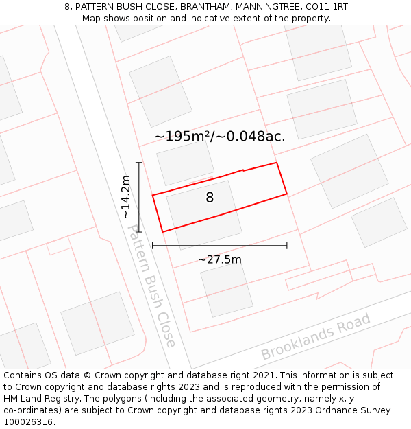 8, PATTERN BUSH CLOSE, BRANTHAM, MANNINGTREE, CO11 1RT: Plot and title map