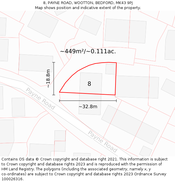 8, PAYNE ROAD, WOOTTON, BEDFORD, MK43 9PJ: Plot and title map