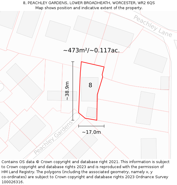 8, PEACHLEY GARDENS, LOWER BROADHEATH, WORCESTER, WR2 6QS: Plot and title map