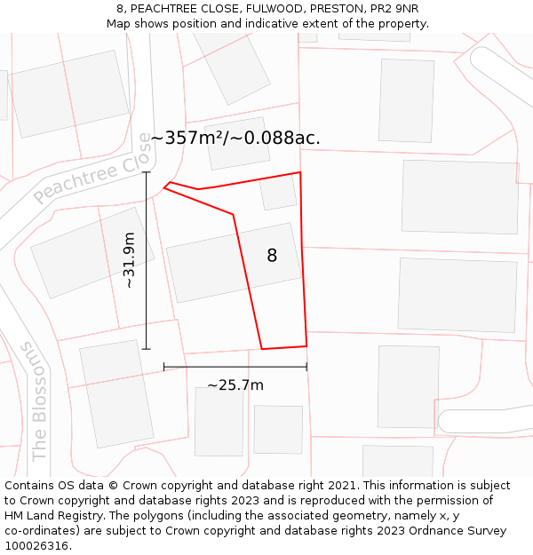8, PEACHTREE CLOSE, FULWOOD, PRESTON, PR2 9NR: Plot and title map