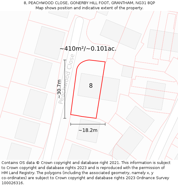 8, PEACHWOOD CLOSE, GONERBY HILL FOOT, GRANTHAM, NG31 8QP: Plot and title map