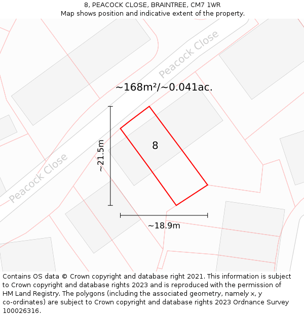 8, PEACOCK CLOSE, BRAINTREE, CM7 1WR: Plot and title map