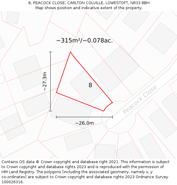 8, PEACOCK CLOSE, CARLTON COLVILLE, LOWESTOFT, NR33 8BH: Plot and title map