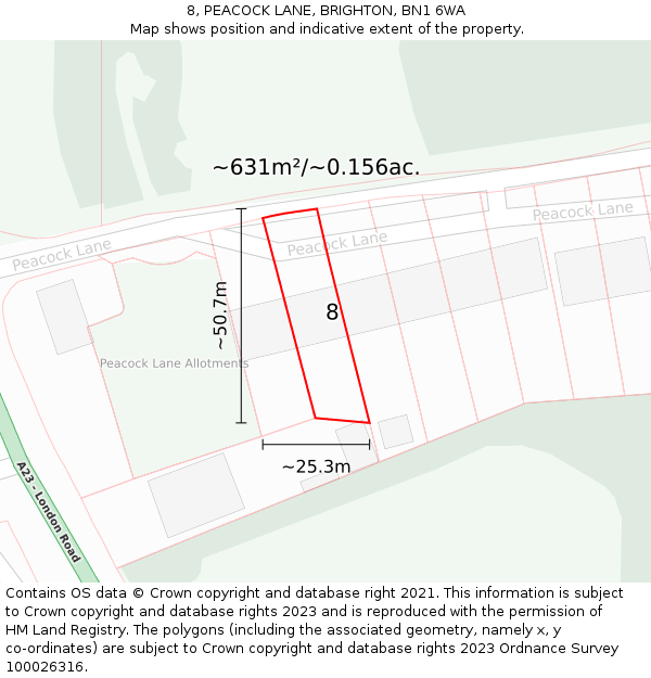 8, PEACOCK LANE, BRIGHTON, BN1 6WA: Plot and title map