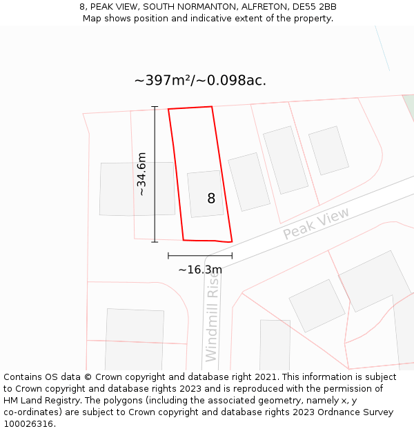 8, PEAK VIEW, SOUTH NORMANTON, ALFRETON, DE55 2BB: Plot and title map