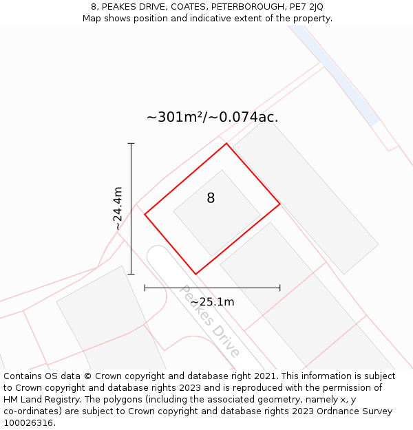 8, PEAKES DRIVE, COATES, PETERBOROUGH, PE7 2JQ: Plot and title map