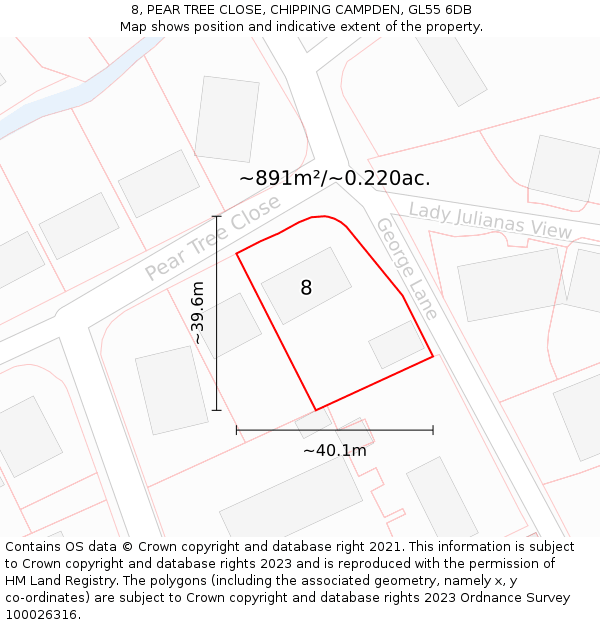 8, PEAR TREE CLOSE, CHIPPING CAMPDEN, GL55 6DB: Plot and title map