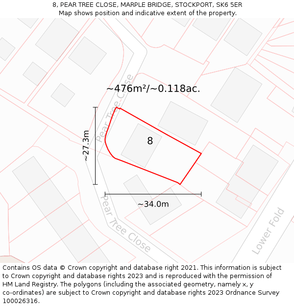 8, PEAR TREE CLOSE, MARPLE BRIDGE, STOCKPORT, SK6 5ER: Plot and title map