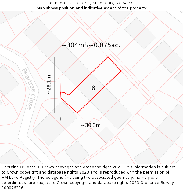 8, PEAR TREE CLOSE, SLEAFORD, NG34 7XJ: Plot and title map