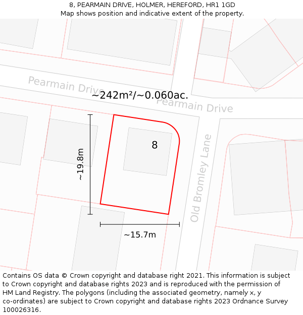 8, PEARMAIN DRIVE, HOLMER, HEREFORD, HR1 1GD: Plot and title map