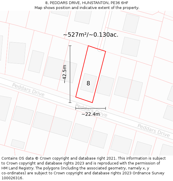 8, PEDDARS DRIVE, HUNSTANTON, PE36 6HF: Plot and title map
