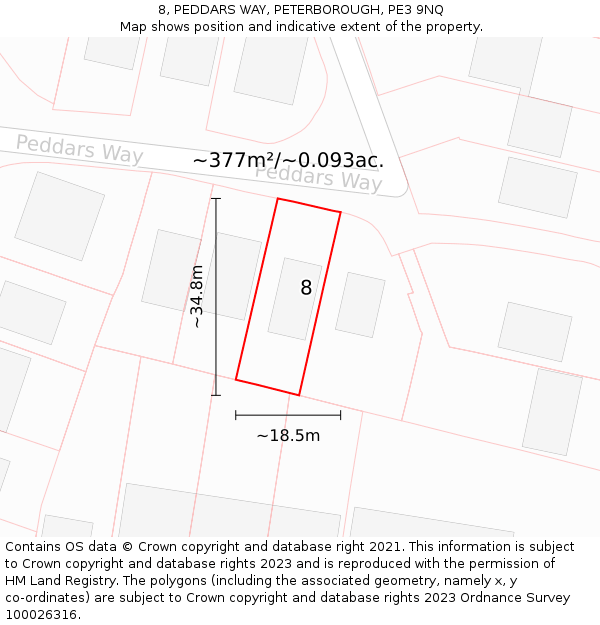8, PEDDARS WAY, PETERBOROUGH, PE3 9NQ: Plot and title map