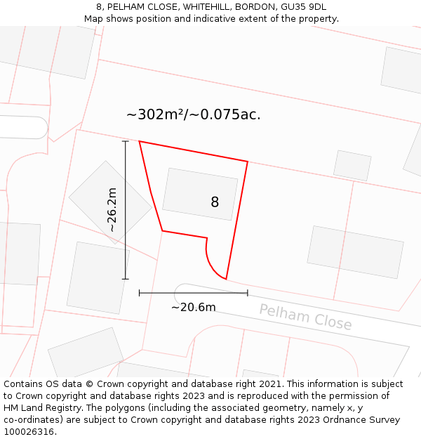 8, PELHAM CLOSE, WHITEHILL, BORDON, GU35 9DL: Plot and title map