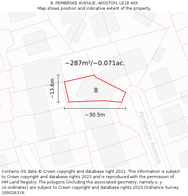 8, PEMBROKE AVENUE, WIGSTON, LE18 4XX: Plot and title map