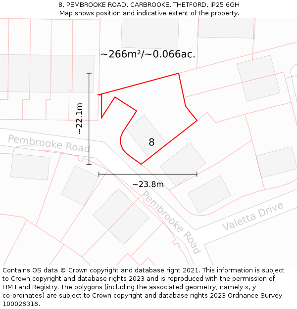 8, PEMBROOKE ROAD, CARBROOKE, THETFORD, IP25 6GH: Plot and title map
