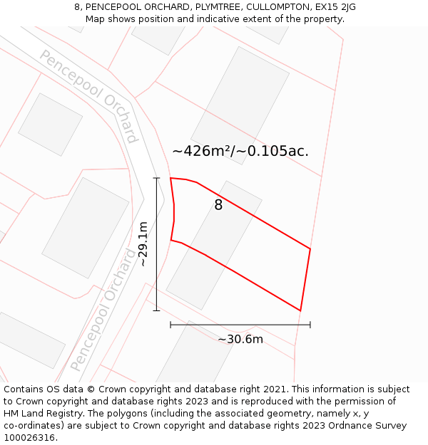 8, PENCEPOOL ORCHARD, PLYMTREE, CULLOMPTON, EX15 2JG: Plot and title map