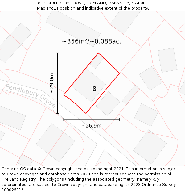 8, PENDLEBURY GROVE, HOYLAND, BARNSLEY, S74 0LL: Plot and title map