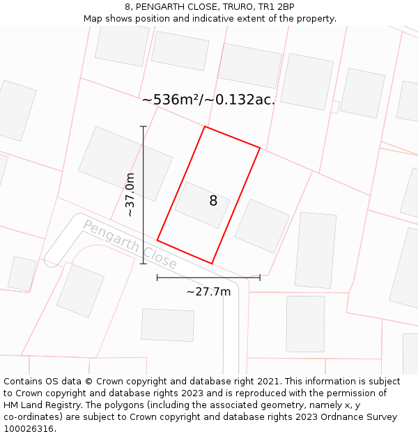 8, PENGARTH CLOSE, TRURO, TR1 2BP: Plot and title map