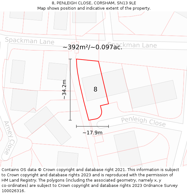 8, PENLEIGH CLOSE, CORSHAM, SN13 9LE: Plot and title map
