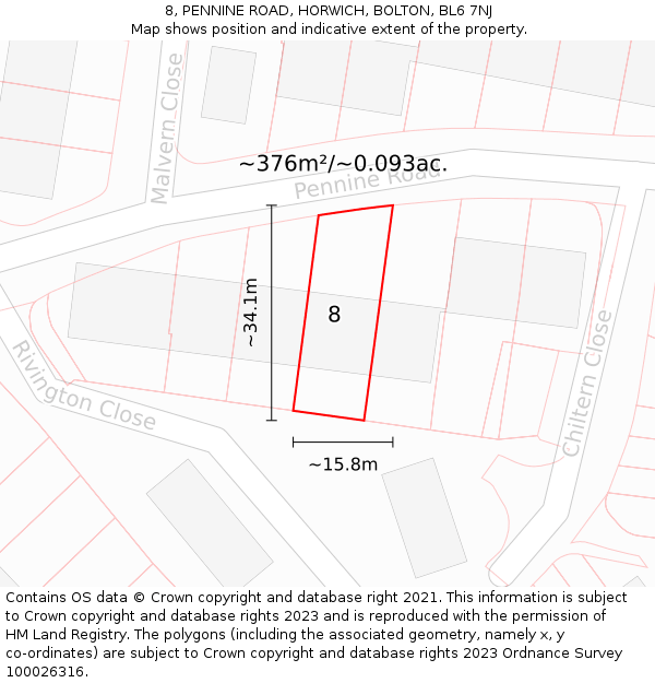 8, PENNINE ROAD, HORWICH, BOLTON, BL6 7NJ: Plot and title map