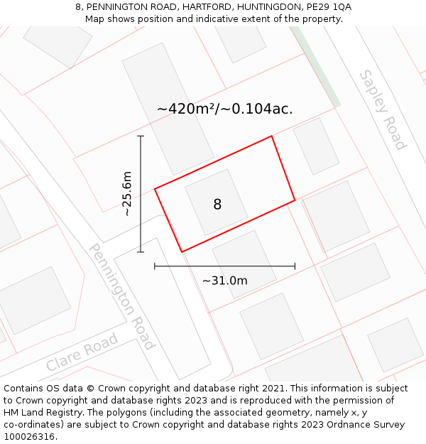 8, PENNINGTON ROAD, HARTFORD, HUNTINGDON, PE29 1QA: Plot and title map