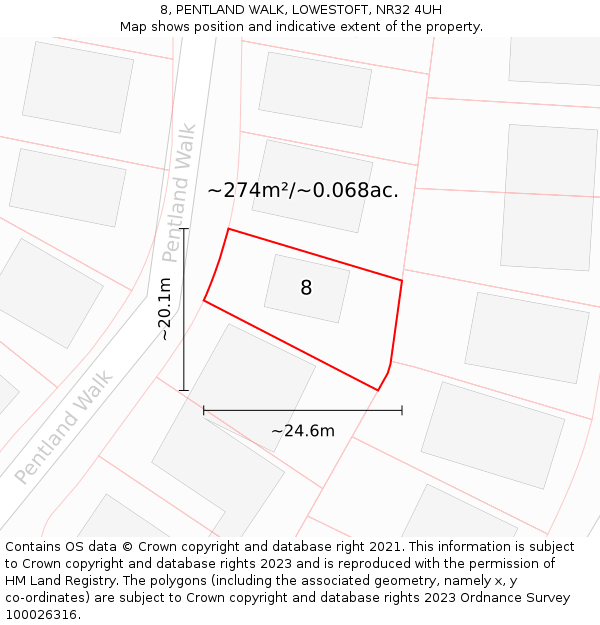 8, PENTLAND WALK, LOWESTOFT, NR32 4UH: Plot and title map