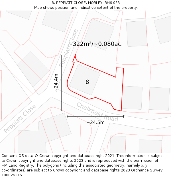 8, PEPPIATT CLOSE, HORLEY, RH6 9FR: Plot and title map